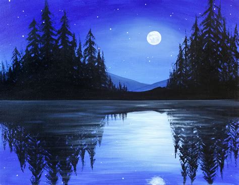 Moonlit Mountain Reflections Silhouette Painting Night Painting