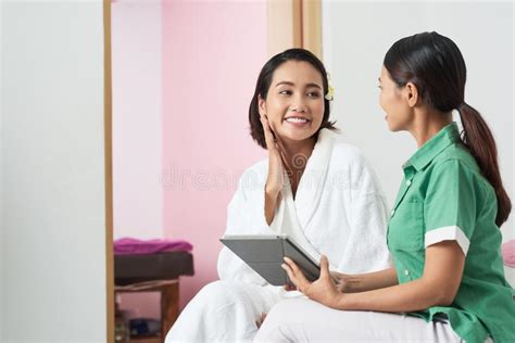 Beautician Discussing Client Stock Image Image Of Women Client