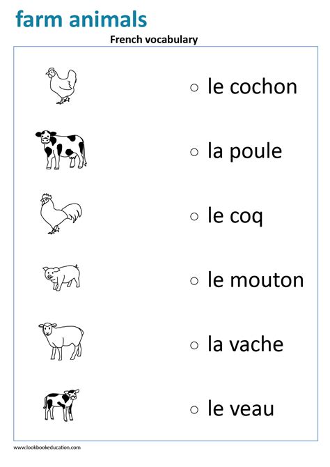 Worksheet French Vocabulary Farm Animals