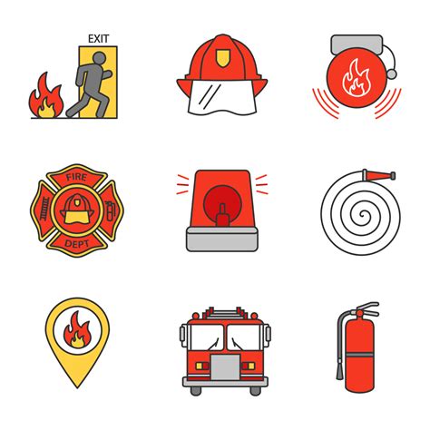 Firefighting Color Icons Set Emergency Exit Hard Hat Alarm Bell