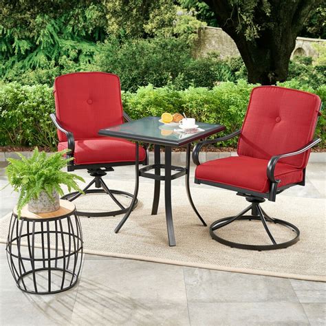 3 Piece Outdoor Bistro Set 2 Swivel Chair Glass Top Table Red Cushions