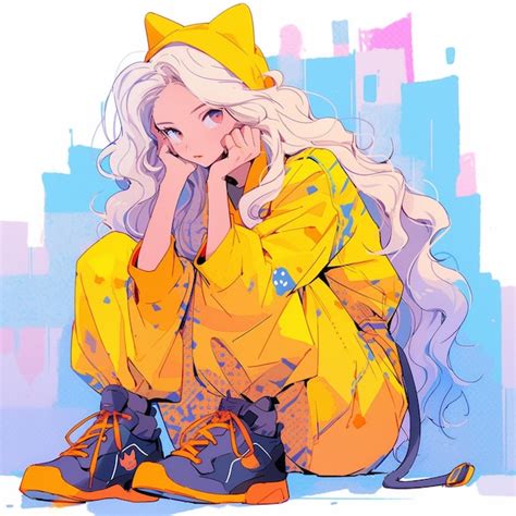 Premium Photo Anime Girl In Yellow Raincoat Sitting On The Ground
