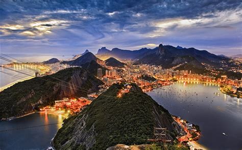 Baía De Guanabara Cidade Costa Noite Luzes Rio De Janeiro Brasil
