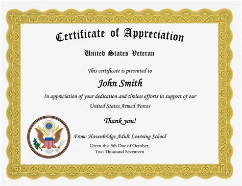Printable Veteran Certificate Of Appreciation
