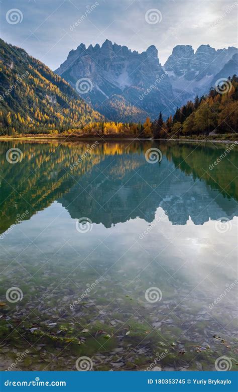 Autumn Peaceful Alpine Lake Durrensee Or Lago Di Landro Snow Capped