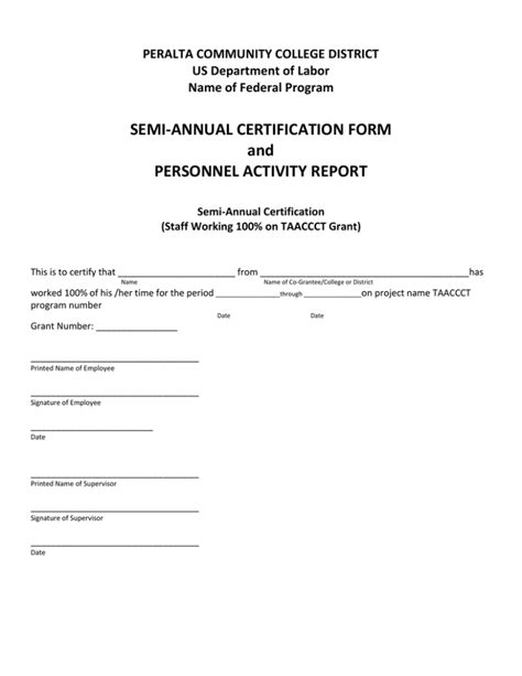 Semi Annual Certification Form And Personnel Activity Report