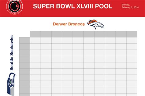 Super Bowl Squares Sheet 2014 Download Printable Broncos Vs Seahawks