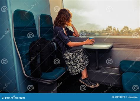 Young Woman Sitting On Train Stock Image Image Of Happy Passenger
