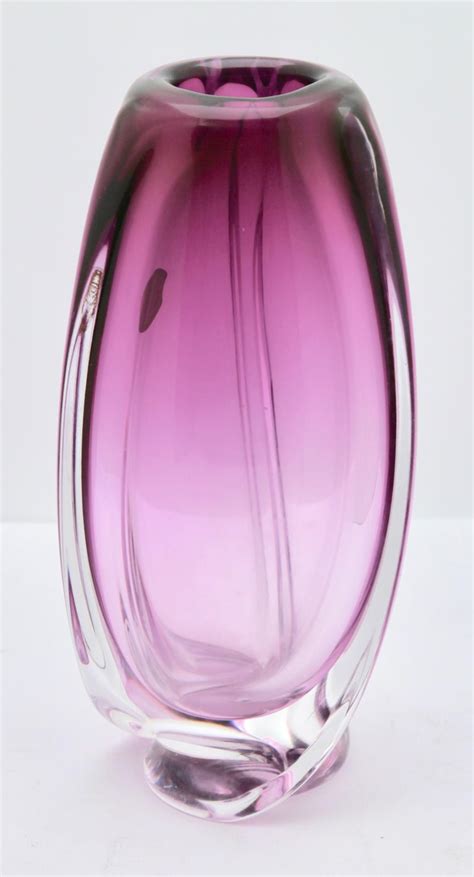Val Saint Lambert Belgium Sculpted Crystal Vase With Amethyst Core