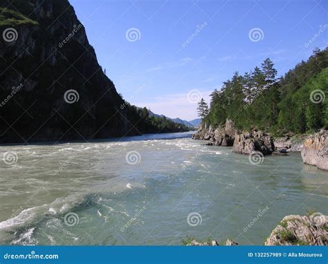 Katun River Flows Through The High Altai Mountains With Turquoise Water