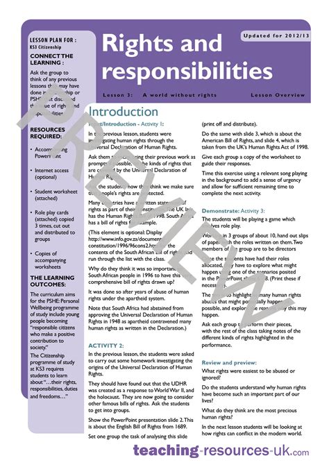 Rights and responsibilities worksheet