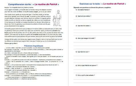 Français Exercice De Compréhension écrite La Routine De Patrick