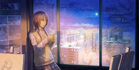 Arsenixc Anime Girls Winter Snow Night School Uniform