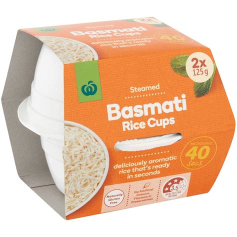 Nutritional value data per serving and per 100g, in 35 types of rice. Woolworths Basmati Rice Microwave Cup