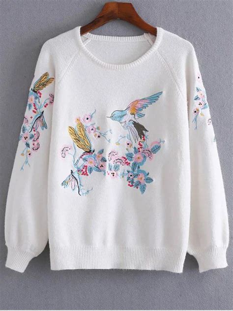 34 Off 2021 Bird Floral Embroidered Sweater In White Zaful