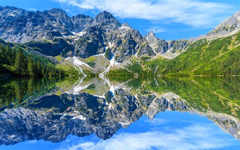 Spelunkers may enjoy touring six of the park's 650 caves that are open to the public. Wallpaper Tatra Mountains, lake, water reflection, trees ...