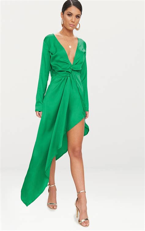 Bright Green Asymmetric Hem Long Sleeve Plunge Satin Maxi Dress