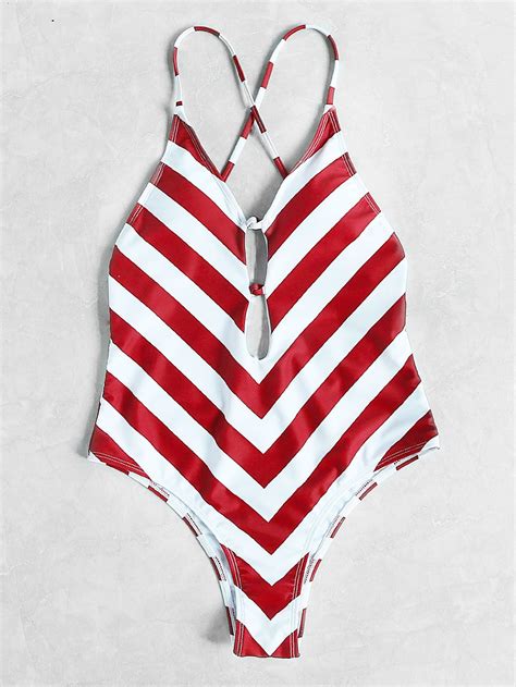 Shein Red White Chevron Print Plunge Neck Crisscross Swimsuit