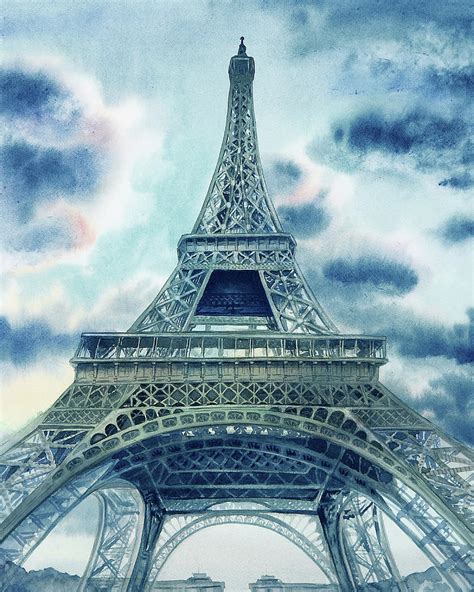 Eiffel Tower In Teal Blue Watercolor French Chic Decor Painting By