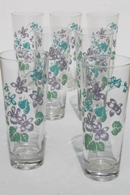 Vintage Violet Print Drinking Glasses Tall Tumblers Summer Coolers W Royalon Lavender Violets