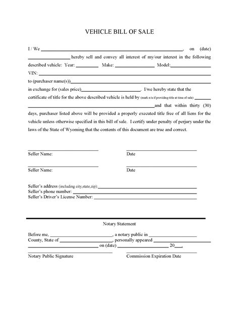Free Wyoming Motor Vehicle Bill Of Sale Forms PDF Word EForms