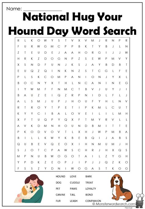 National Hug Your Hound Day Word Search Monster Word Search