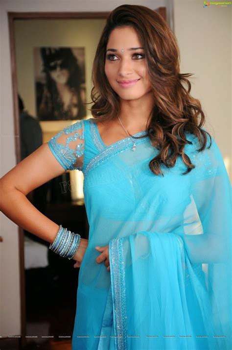 Tamil Actr Team Tamanna Front And Side View Hot In Blue Saree At Rebel