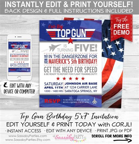 Top Gun Birthday Invitation Instant Download Partially Etsy