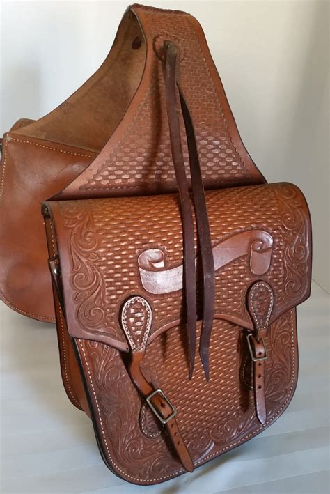 Tooled Leather Western Trail Ride Saddle Bags Etsy Leather Bags
