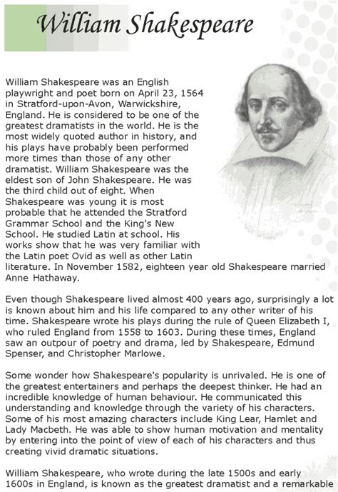 William Shakespeare Information Sheet
