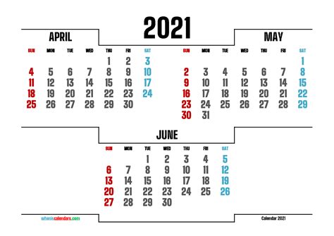 April May June 2021 Printable Calendar