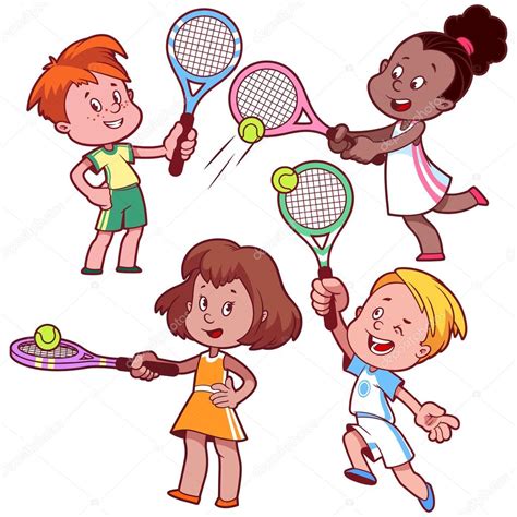 Cartoon Kids Playing Tennis Vector Clip Art Illustration On A W Stock