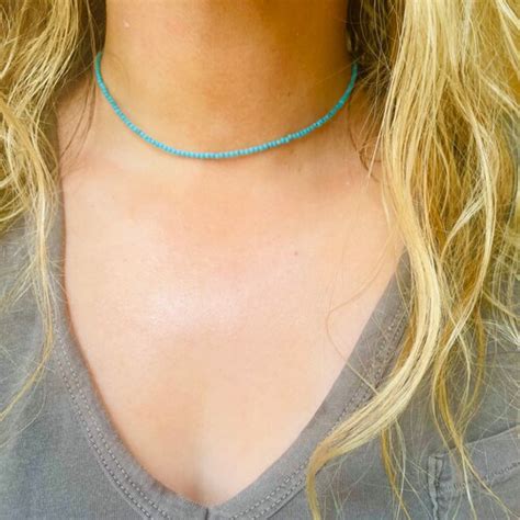 Turquoise Gold Bead Choker Necklace Tiny Turquoise Gemstone Etsy