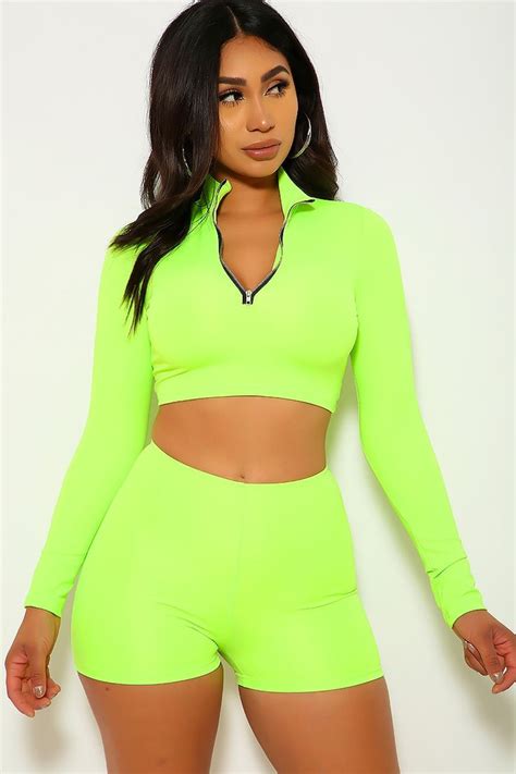 Neon Lime Front Zipper Two Piece Outfit Two Piece Outfit Hot Outfits