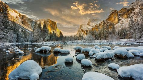 Mountain Snow Covered Stones On River In Yosemite National Park 4k Hd