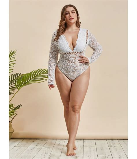 Sexy Plus Size Flower Embroidery Lace Bodysuit