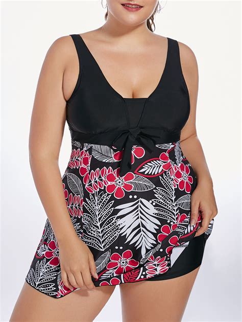 17 Off 2021 High Waisted Floral Padded Plus Size Skirted Swimsuit In Black Dresslily