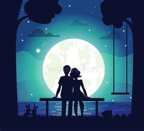 Romantic Couple Sitting On Seaside Under Moonlight Stock Vector
