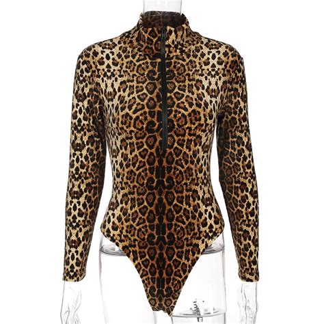 Sexy Leopard Print Turtleneck Bodysuit Women Jumpsuit Romper Body Top