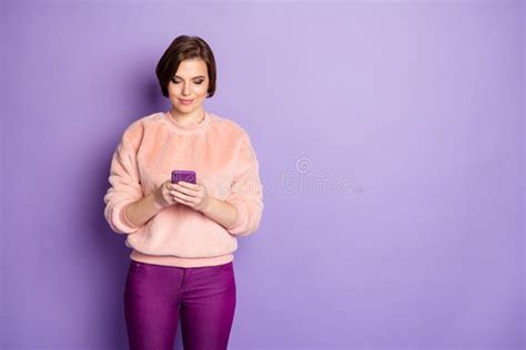 Photo Of Amazing Pretty Lady Holding Telephone Hands Reading New Message Interesting Advertising