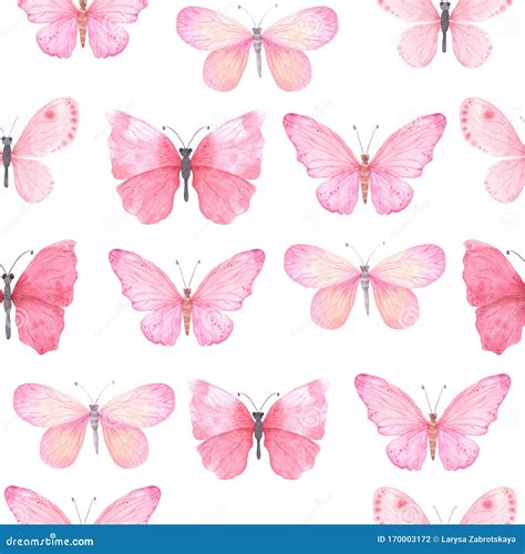 Seamless Pattern With Pink Bright Watercolor Butterflies Stock
