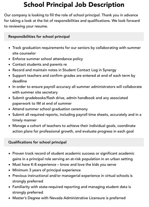 School Principal Job Description Velvet Jobs