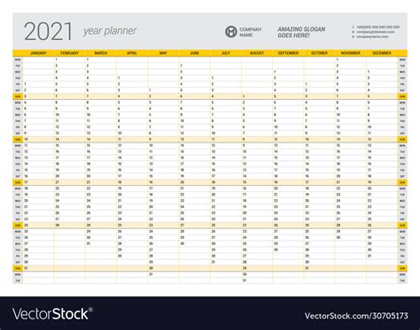 Free printable 2021 year calendar template with the classic year at a glance layout will be great for your home, school, club, business, or other printable yearly calendar for 2021. Calendar yearly planner template for 2021 Vector Image