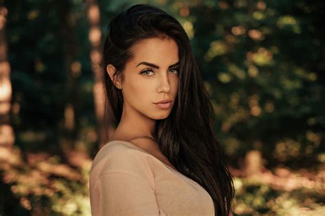 Wallpaper Brunette Women Outdoors Forest Green Eyes Long Hair