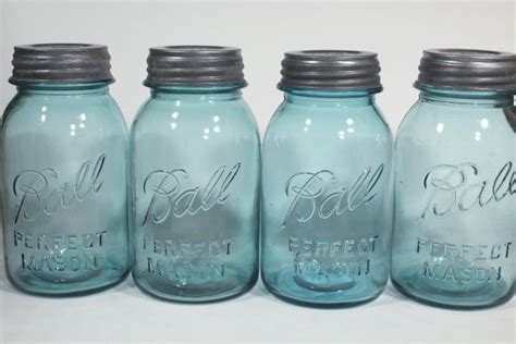 Old Aqua Blue Glass Canning Jars Authentic Vintage Ball Mason Jars W
