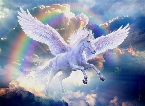 Pegasus Wings Painting Rainbow Horse Clouds Artwork Hd Wallpaper