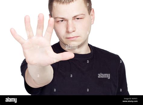 Man Shows The Hands Stop On White Background Stock Photo Alamy