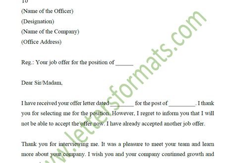 Decline A Job Offer After Accepting Another Job Sample Letter