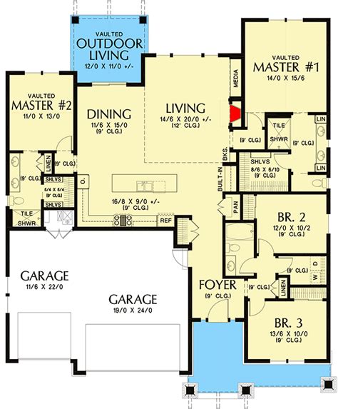 Craftsman Ranch Home Plan With Two Master Suites 69727am