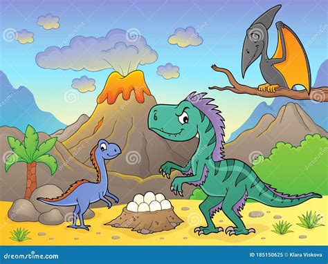 Dinosaurs Near Volcano Image 2 Stock Vector Illustration Of Extinct